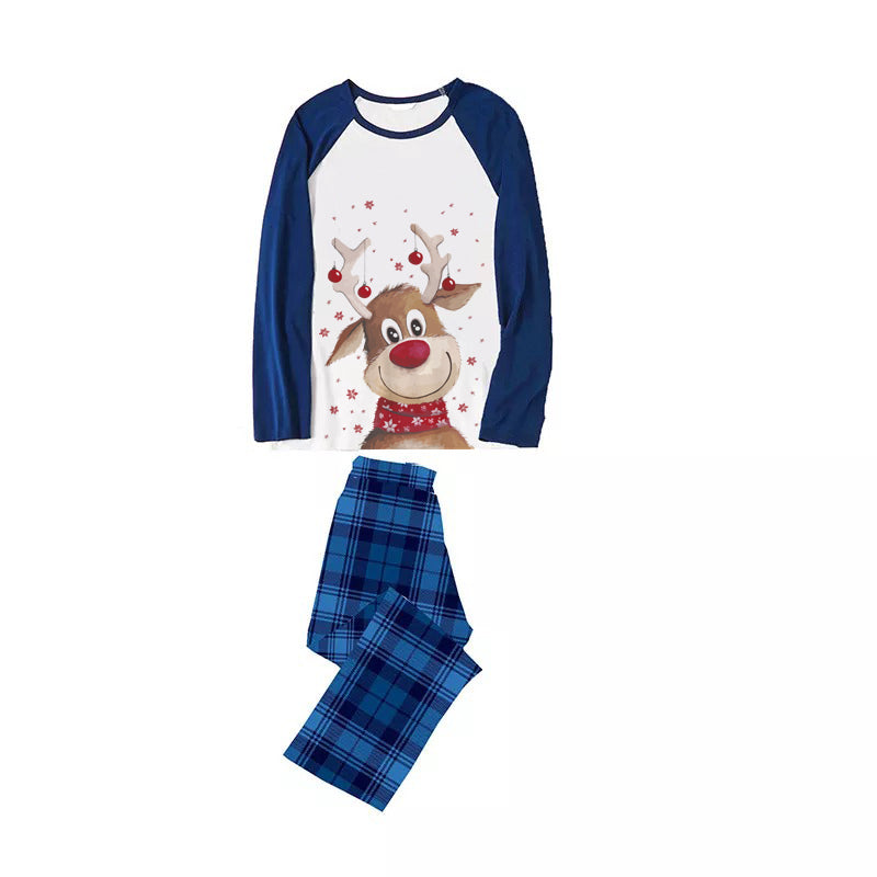Christmas Cute Deer Print Family Matching Long-sleeve Blue Plaid Pajamas Set