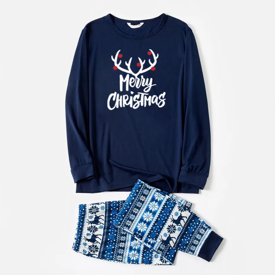 Christmas Family Matching Pajamas Sets Christmas Antlers and Letter Print Top and Blue Cartoon Print Pants