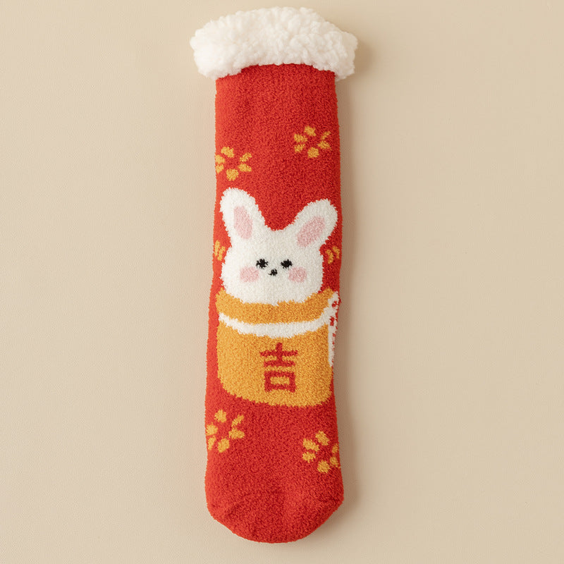 Lamb Velvet Socks Women's Winter Sleep Socks Silicone Non-Slip Floor Socks Christmas Red Socks
