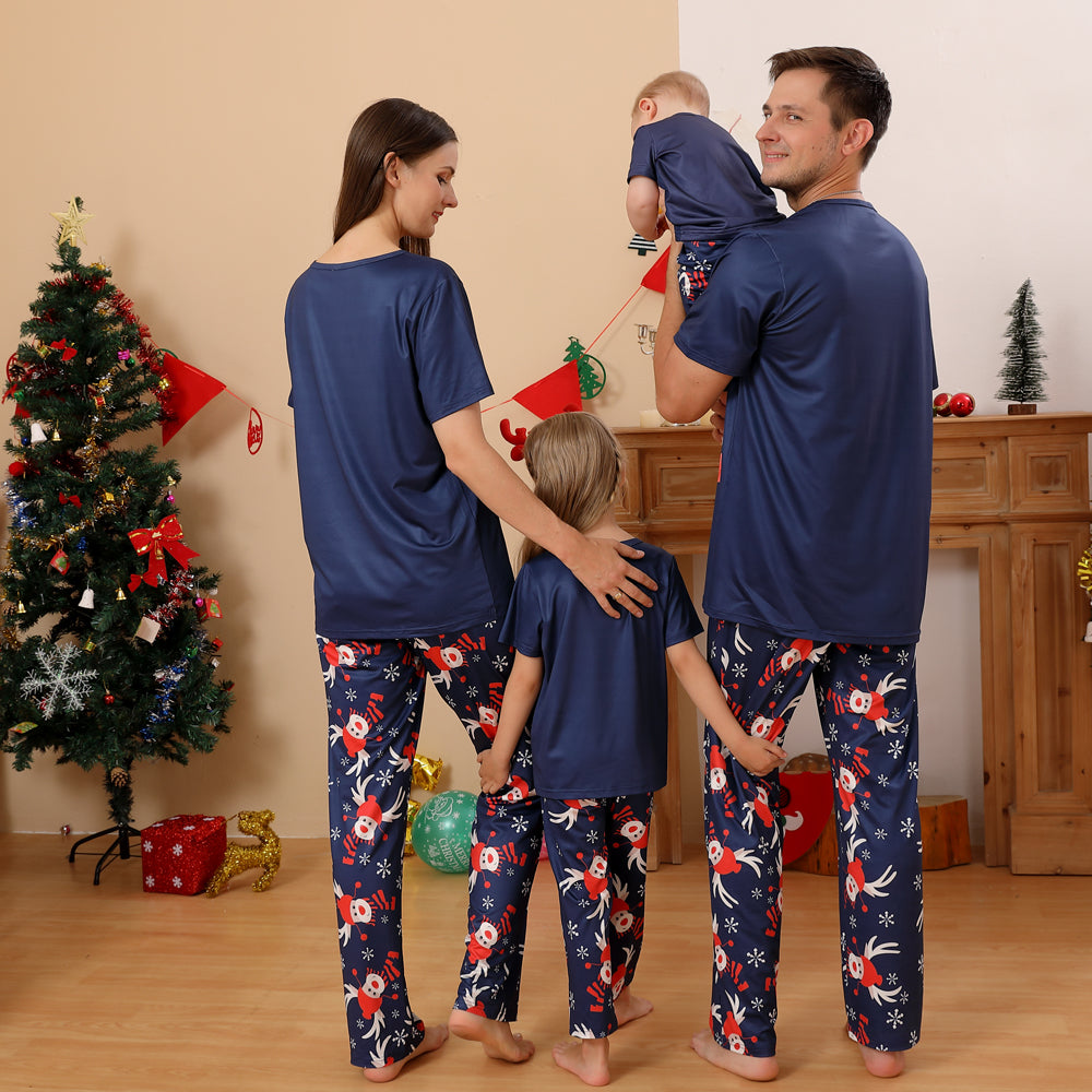 2023 Christmas Matching Family Pajamas Christmas Deer Short Sleeve Christmas Blue Pajamas Set