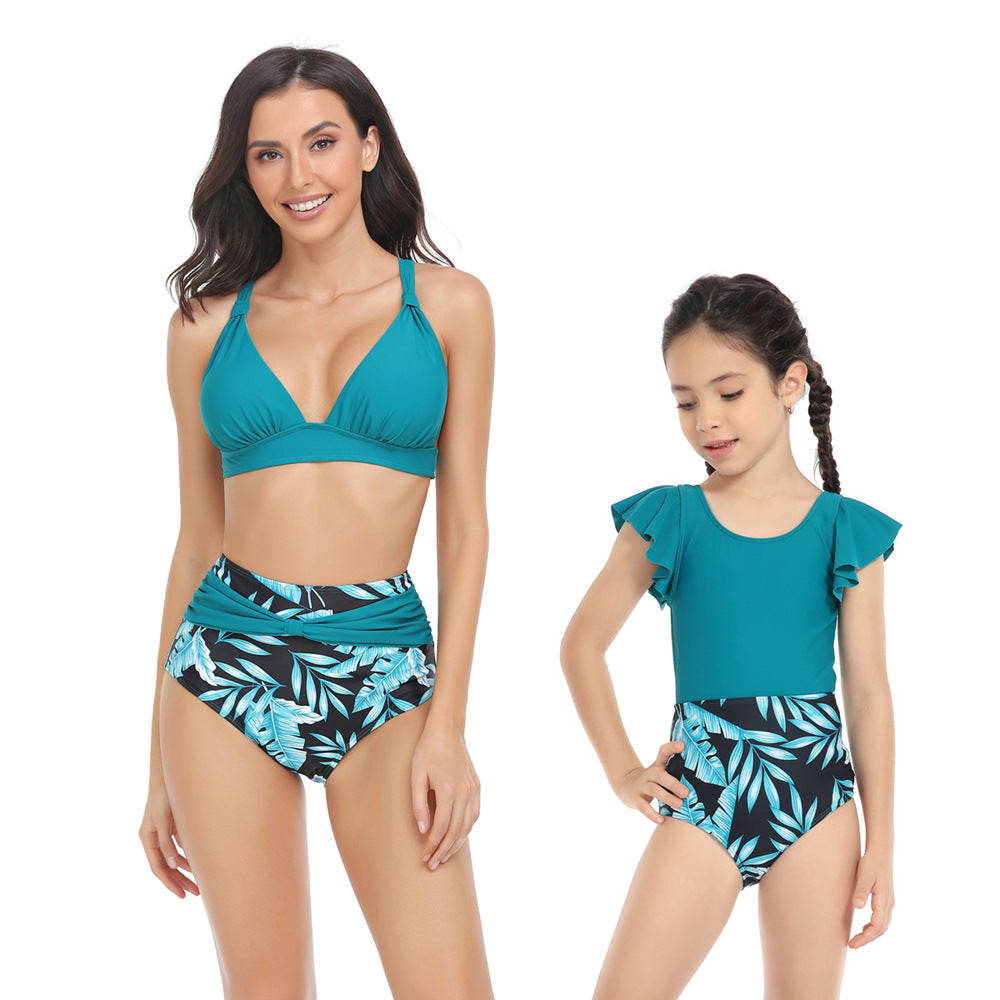 Mom and Daughter Tropical Print High Waisted Bikini Swimsuit