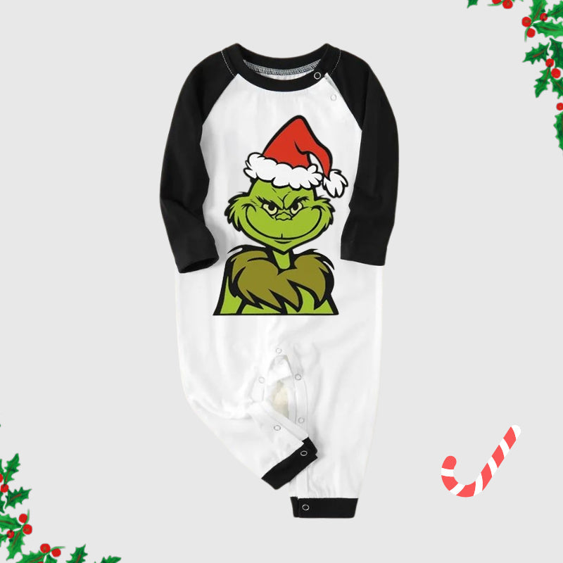 Christmas Cute Cartoon Print Print Splice Contrast Top and Black and Green Plaid Pants Family Matching Pajamas Set