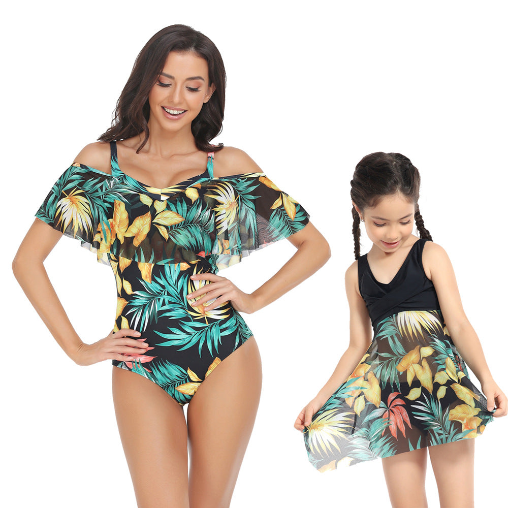 Mom and Daughter Ruffle Trim Off The Shoulder One Piece Swimsuit