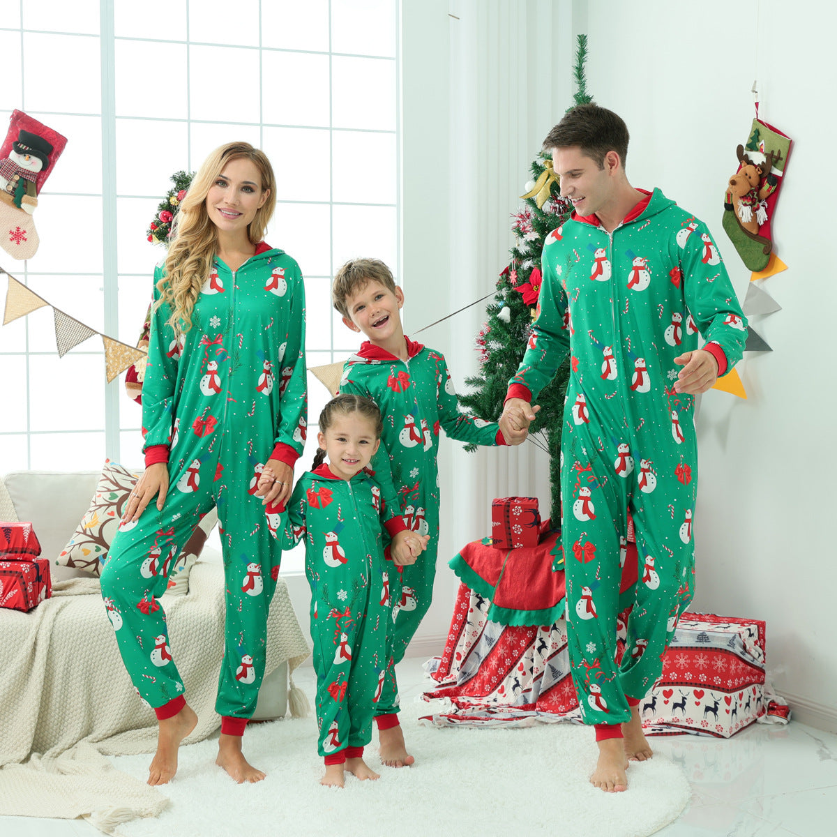 2023 Christmas Family Pajamas Christmas Snowman Print Long-sleeve Green Onesies Pajamas Sets