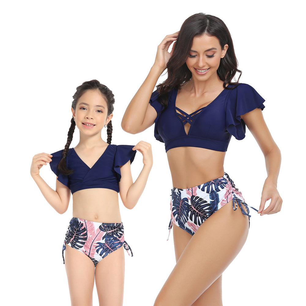 Mom and Daughter Tropical Print Ruffle Bikini Matching Swimsuit