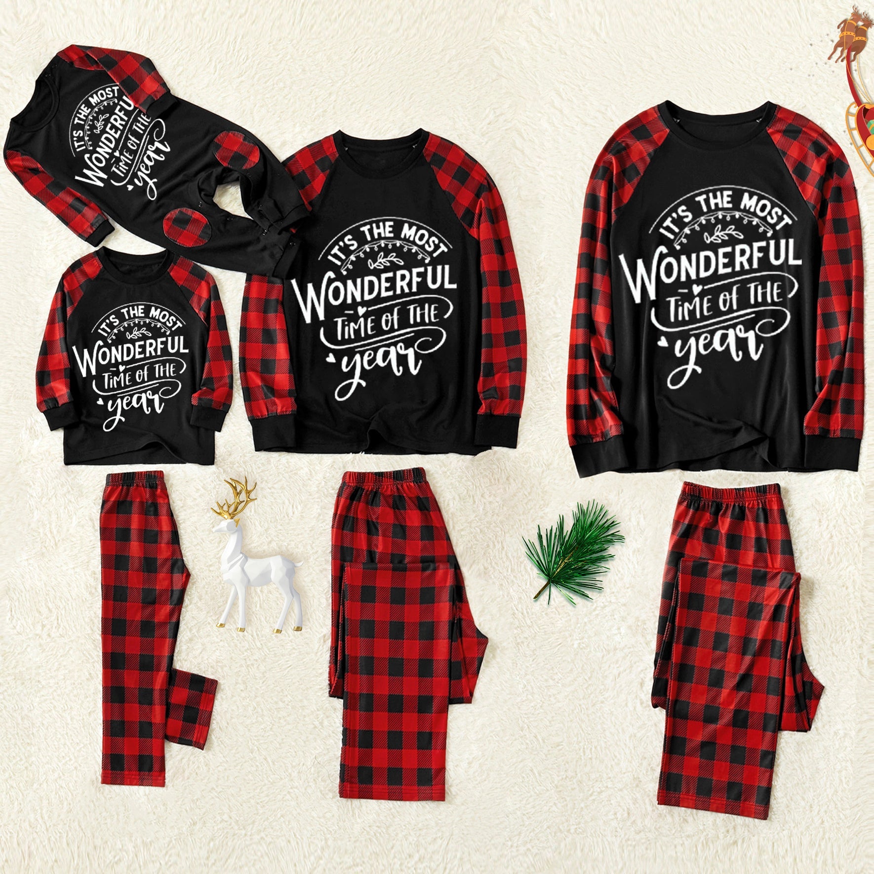 Christmas ‘It's The Most Woderful Time of The Year“ Letter Print Patterned Contrast Black top and Black & Red Plaid Pants Family Matching Pajamas Set
