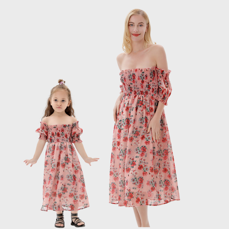 Off-shoulder Floral Print Matching Maxi Dresses for Mommy and Me