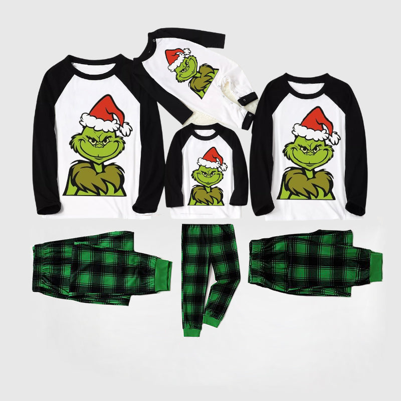 Christmas Cute Cartoon Print Print Splice Contrast Top and Black and Green Plaid Pants Family Matching Pajamas Set