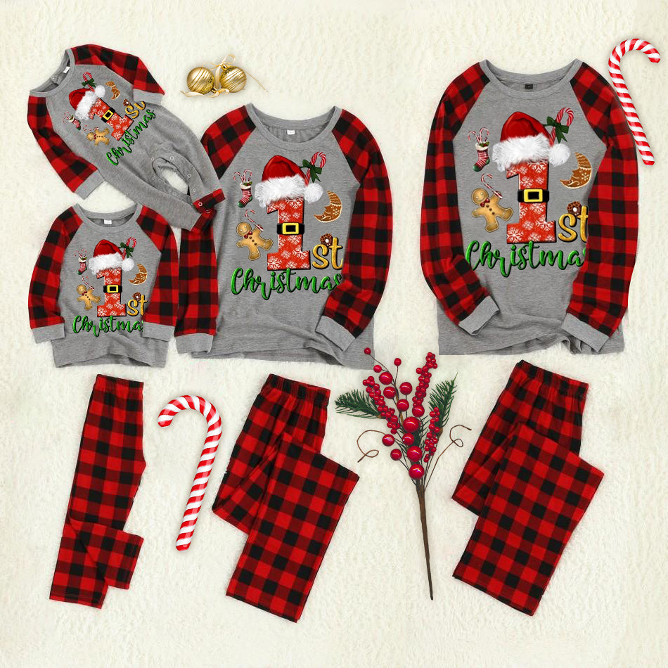 Christmas ‘1 St Christmas“ Letter Print Grey Contrast top and Plaid Pants Family Matching Pajamas Set With Dog Bandana
