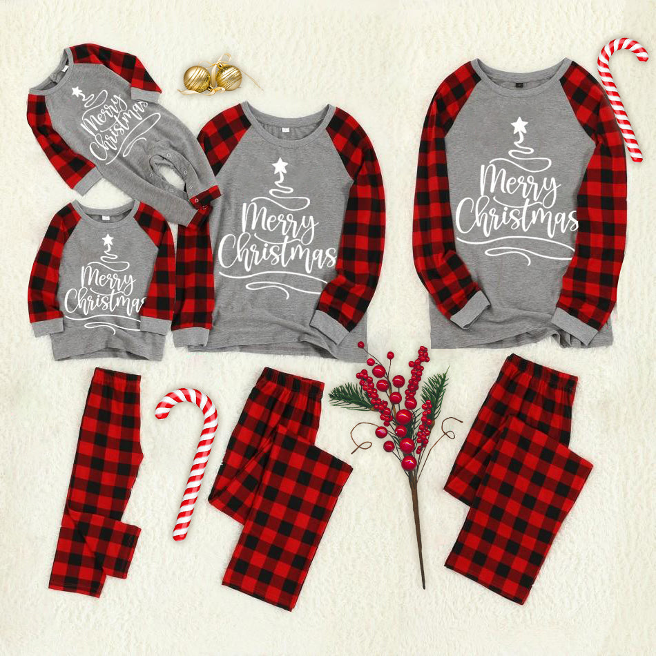 Christmas "Merry Christmas" Letter Print Star Patterned Grey Contrast top and Black & Red Plaid Pants Family Matching Pajamas Set With Dog Bandana