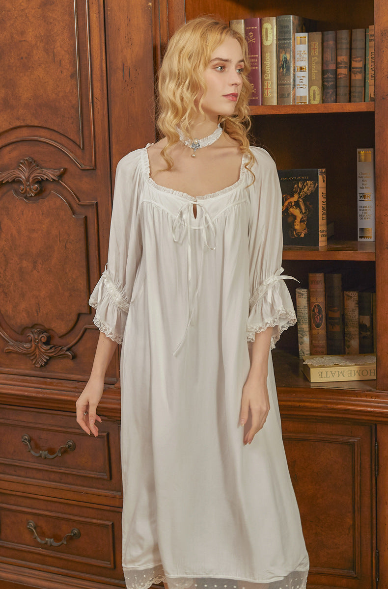 Maternity Luxury Victorian Tie Front 3/4 Sleeve Lace Cuff Nursing Nightgown Pajamas