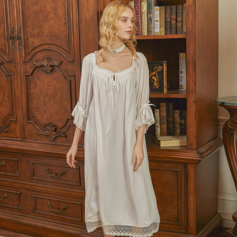 Maternity Luxury Victorian Tie Front 3/4 Sleeve Lace Cuff Nursing Nightgown Pajamas