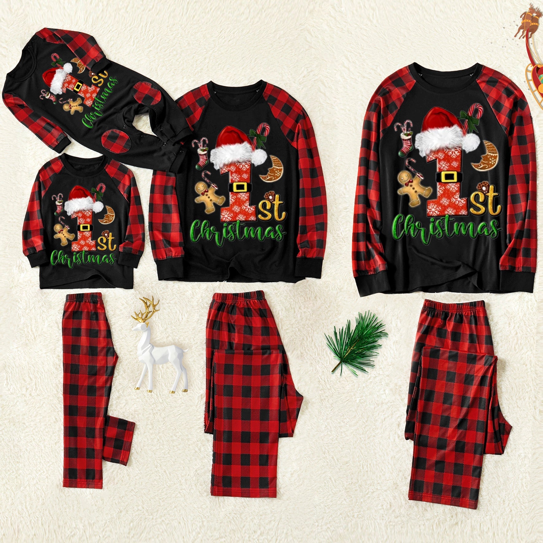 Christmas ‘1 St Christmas“ Letter Print Patterned Contrast Black top and Black & Red Plaid Pants Family Matching Pajamas Set