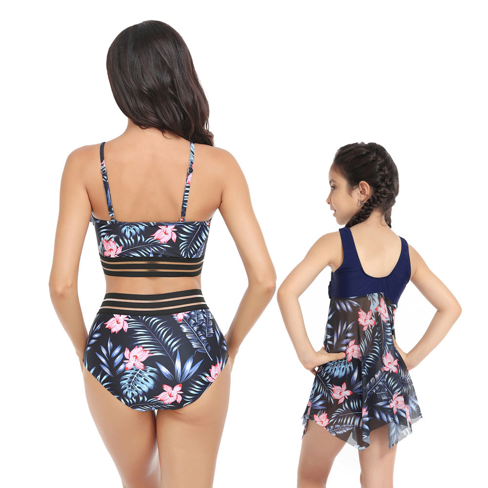 Mom and Daughter Tropical Print Stitch Details Swimsuit