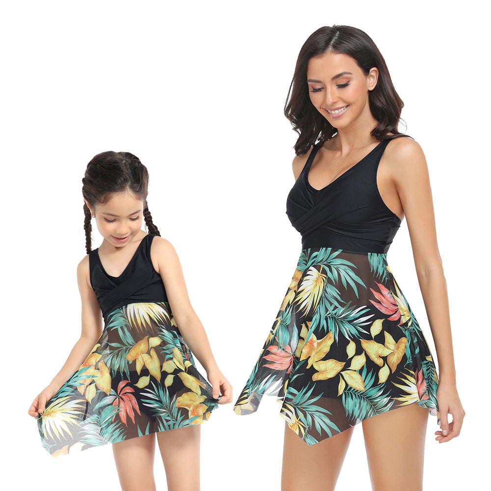 Mom and Daughter Plant Print Swim Dress