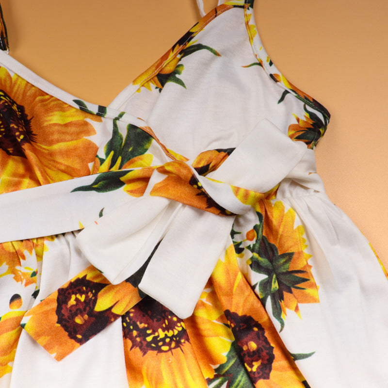 All Over Sunflower Print Sleeveless Spaghetti Strap Dress for Mom and Me