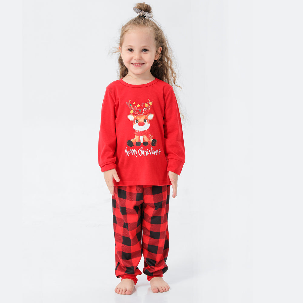 Christmas Letter Print Family Matching Red Long-sleeve Plaid Pajamas Sets