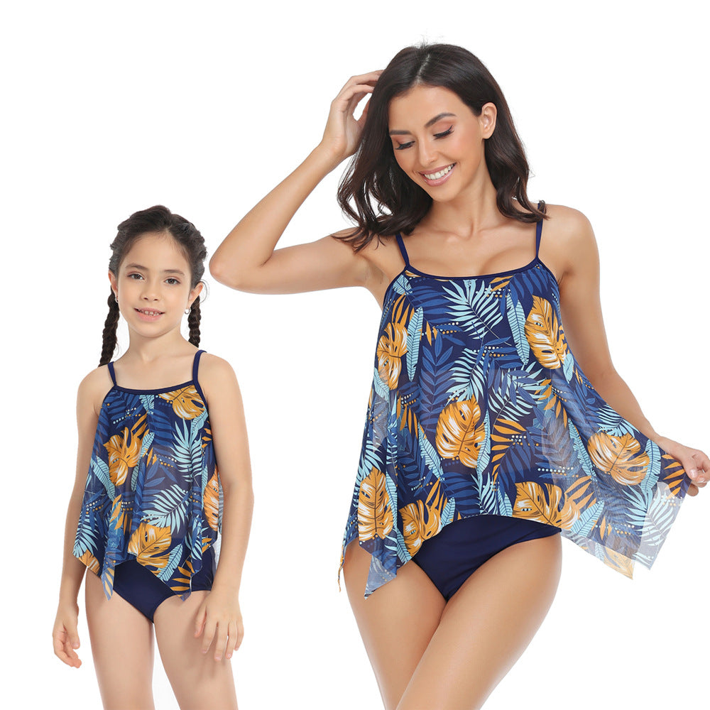Mom and Daughter Plant Print Asymmetrical Hem Bikini Swimsuit