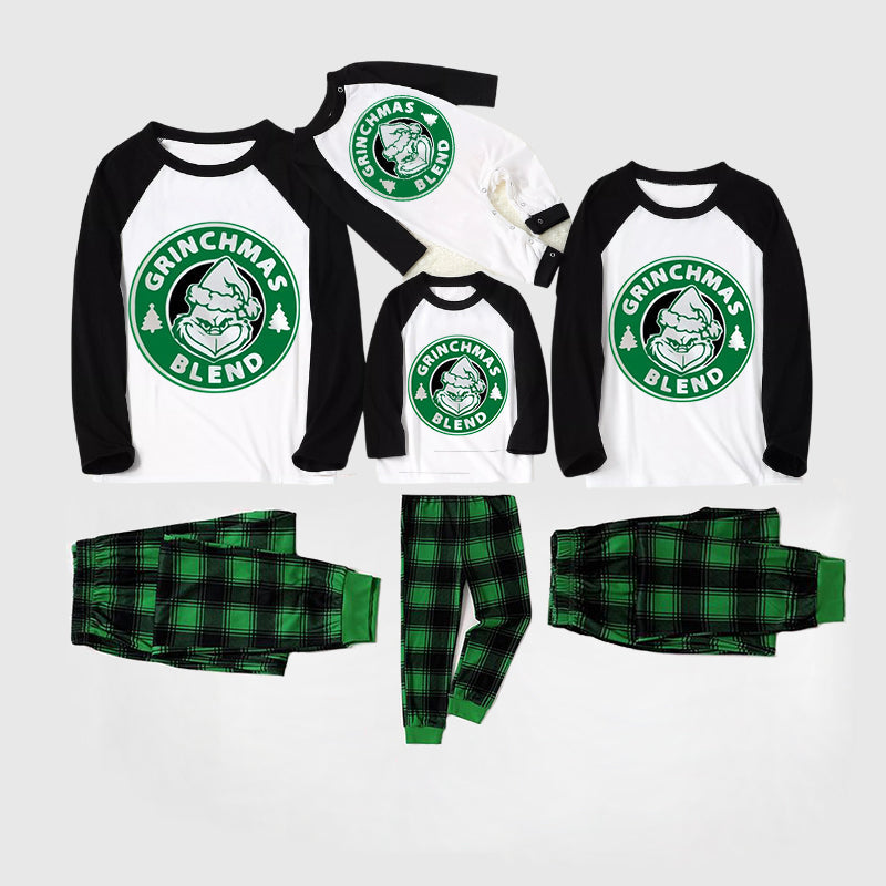 Christmas Cute Cartoon Print Print Splice Contrast Top and Black and Green Plaid Pants Family Matching Pajamas Sets