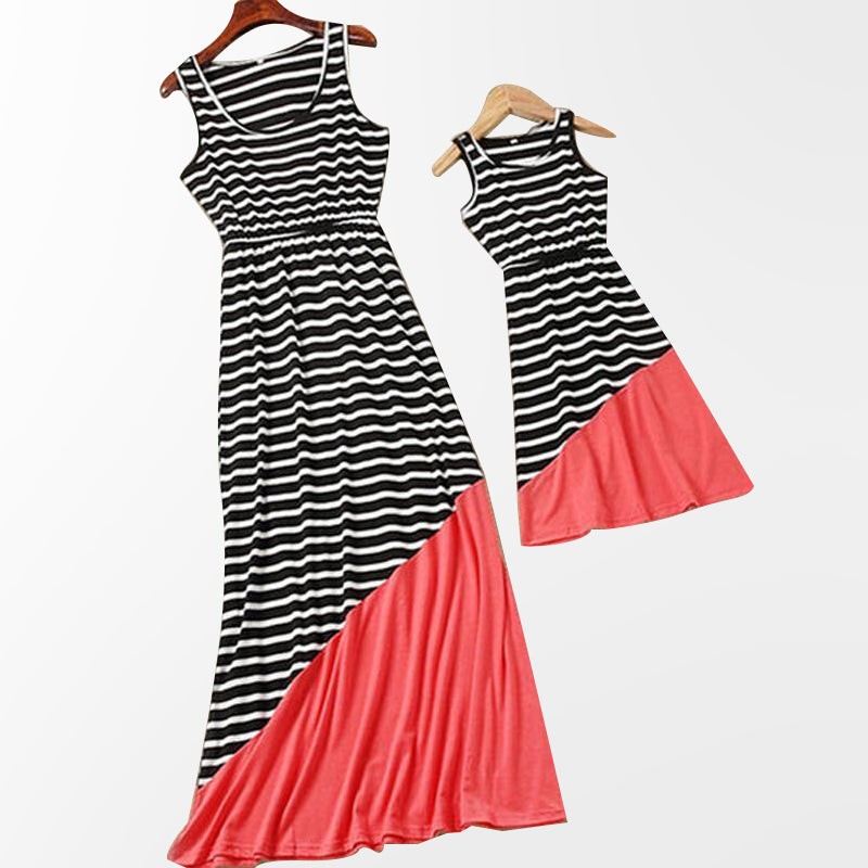 Stylish Striped Color-blocking Sleeveless Mommy and Me Maxi Dress in Black