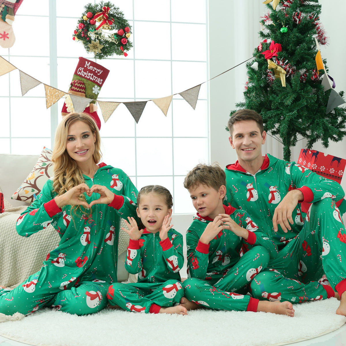 2023 Christmas Family Pajamas Christmas Snowman Print Long-sleeve Green Onesies Pajamas Sets