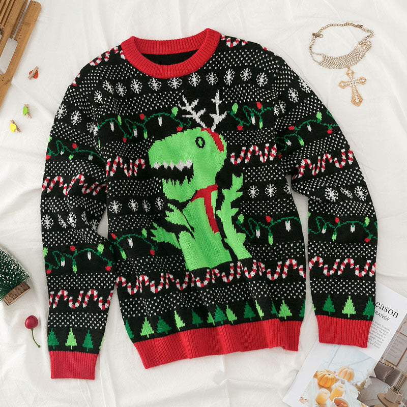 Women Dinosaur Pattern Drop Shoulder Christmas Sweater
