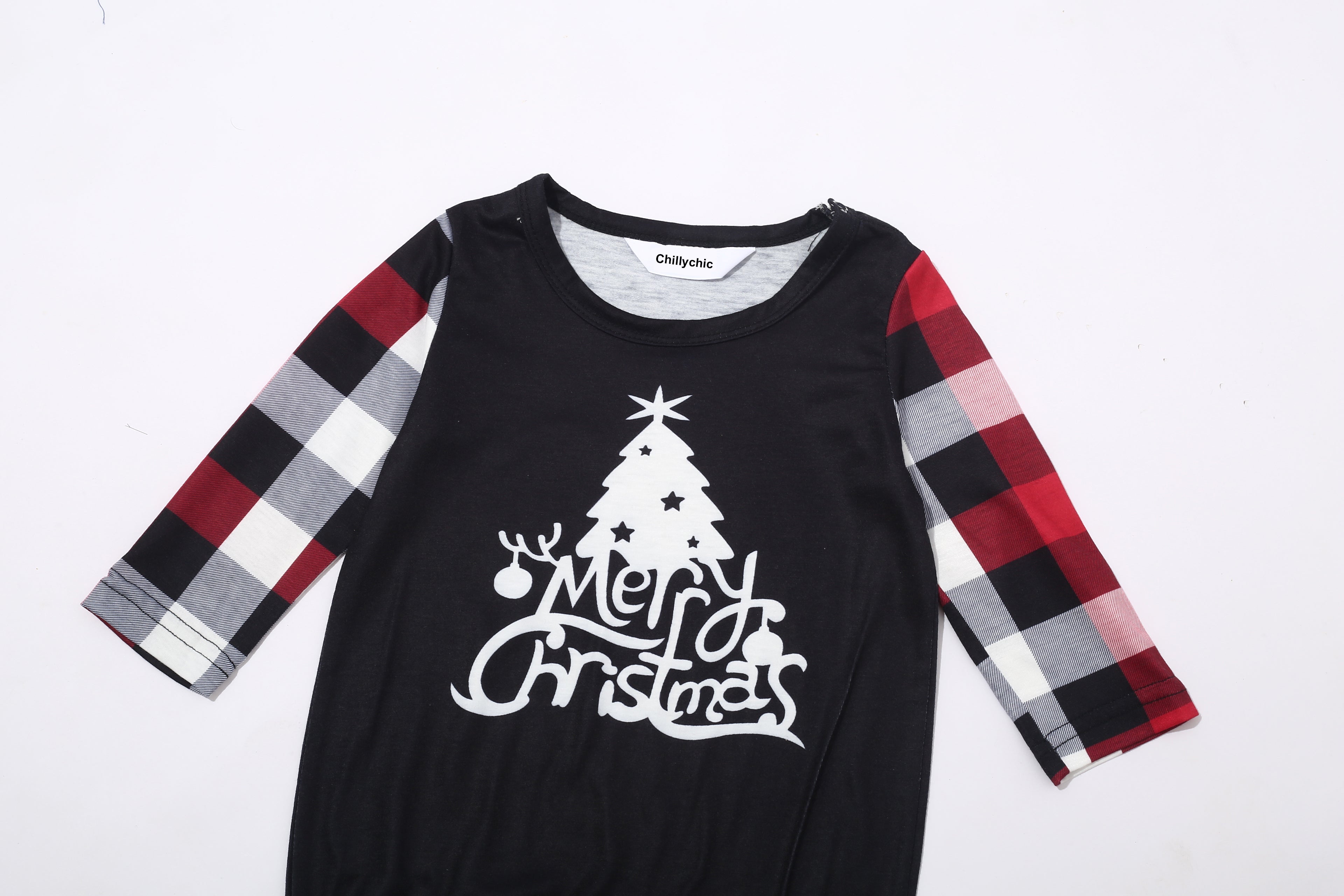 Christmas Tree Print Black Plaid Pajamas Set