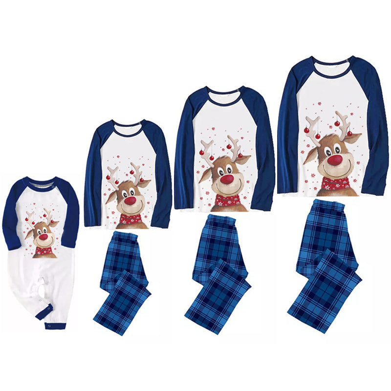 Merry Christmas Matching Family Pajamas Antlers Print Blue Plaid Pajamas Set