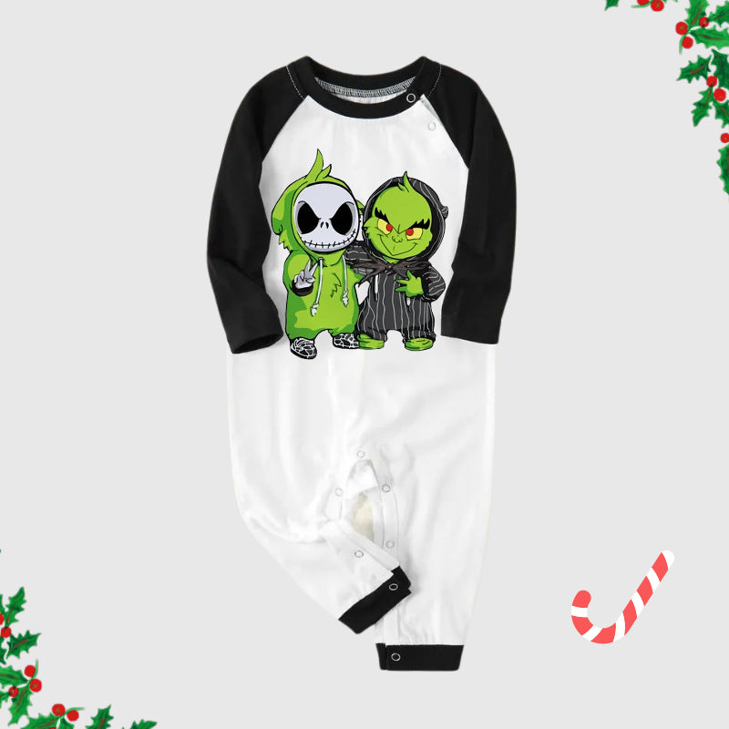 Christmas Cartoon Print Print Splice Contrast Top and Black and Green Plaid Pants Family Matching Pajamas Sets