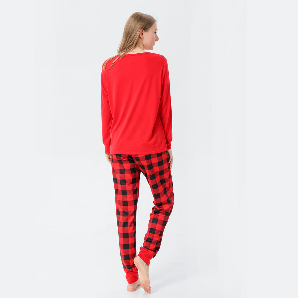 Christmas Letter Print Family Matching Red Long-sleeve Plaid Pajamas Sets