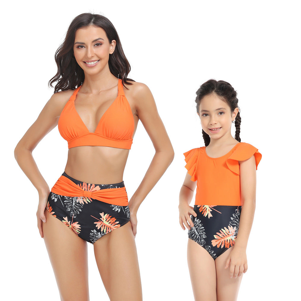 Mom and Daughter Tropical Print High Waisted Matching Swimsuit