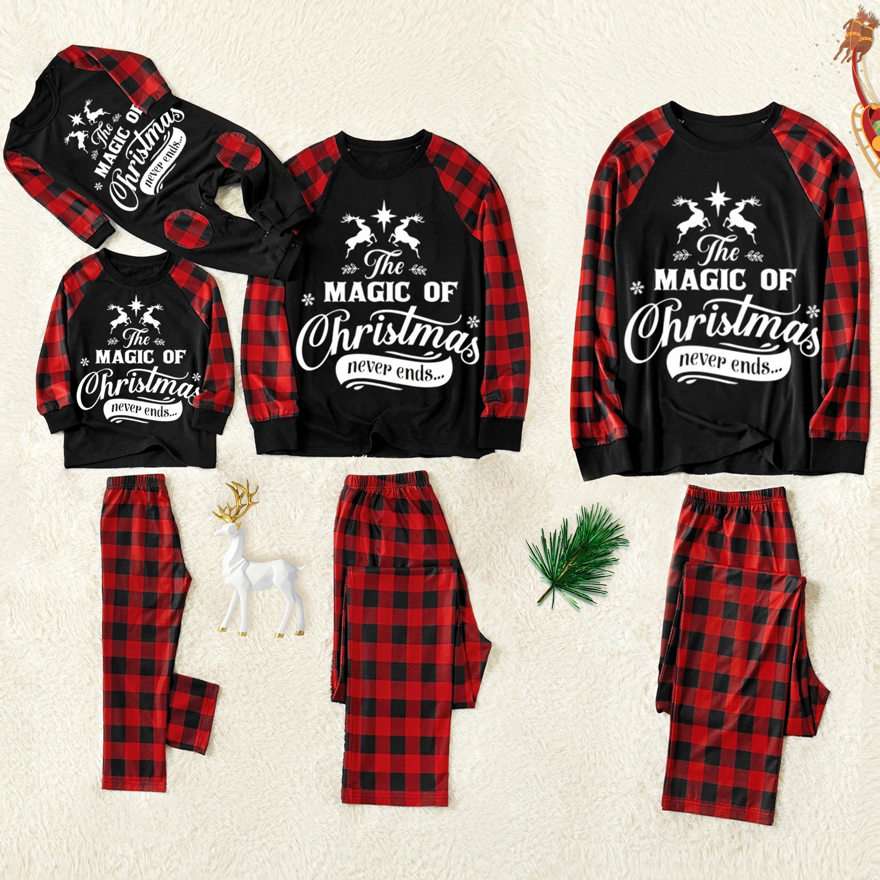 Christmas ‘The Maigc Of Christmas Never Ends...’ Letter Print Patterned Contrast Black top and Black & Red Plaid Pants Family Matching Pajamas Set