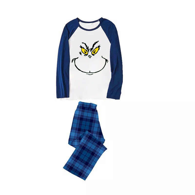Christmas Cute Cartoon Face Print Casual Long Sleeve Sweatshirts Contrast Blue & White Top and Black and Blue Plaid Pants Family Matching Pajamas Sets