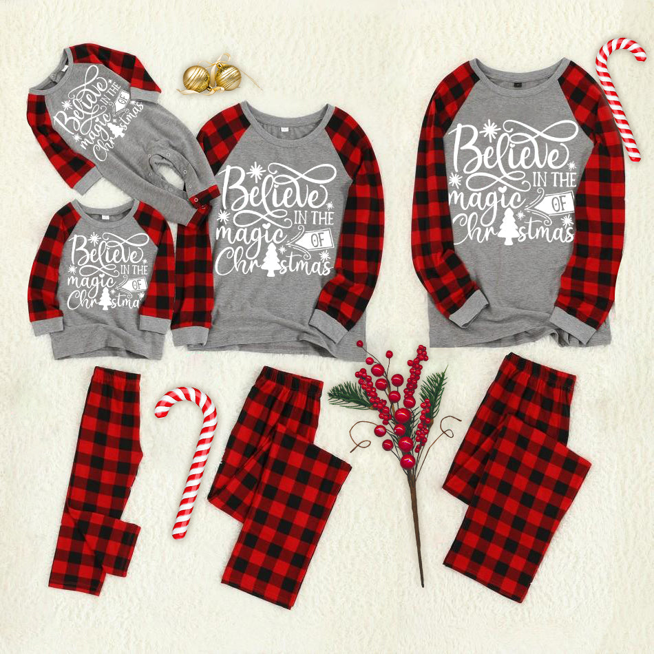 Christmas ‘Believe In The Magic Of  Christmas’ Letter Print Grey Contrast top and Plaid Pants Family Matching Pajamas Set With Dog Bandana