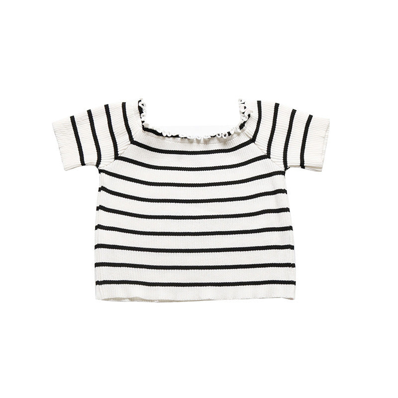 Women Striped Irregular Trim Short Sleeve Knitted T-Shirt Crop Top 6242