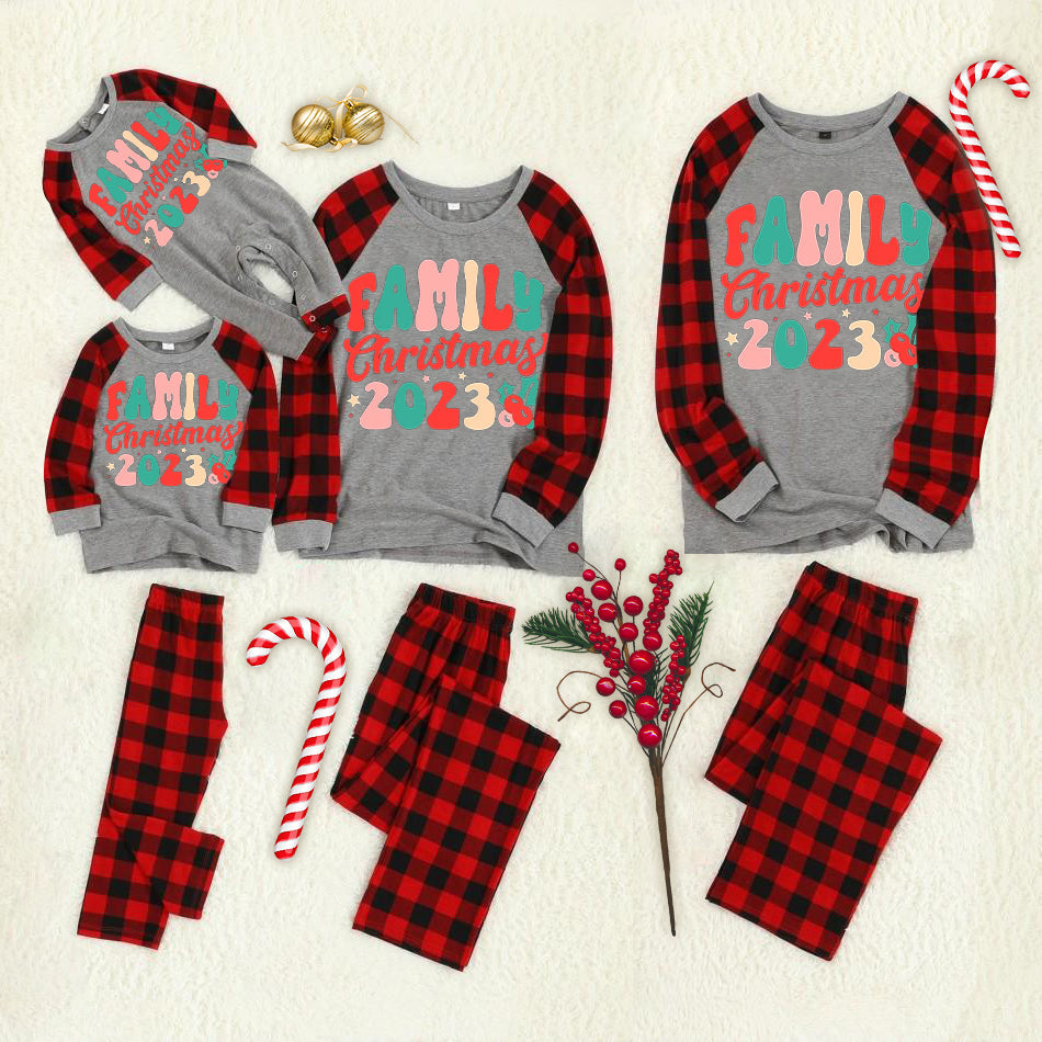 Christmas Hat "Christmas Crew" Letter Print Contrast top and Plaid Pants Family Matching Pajamas Set With Dog Bandana