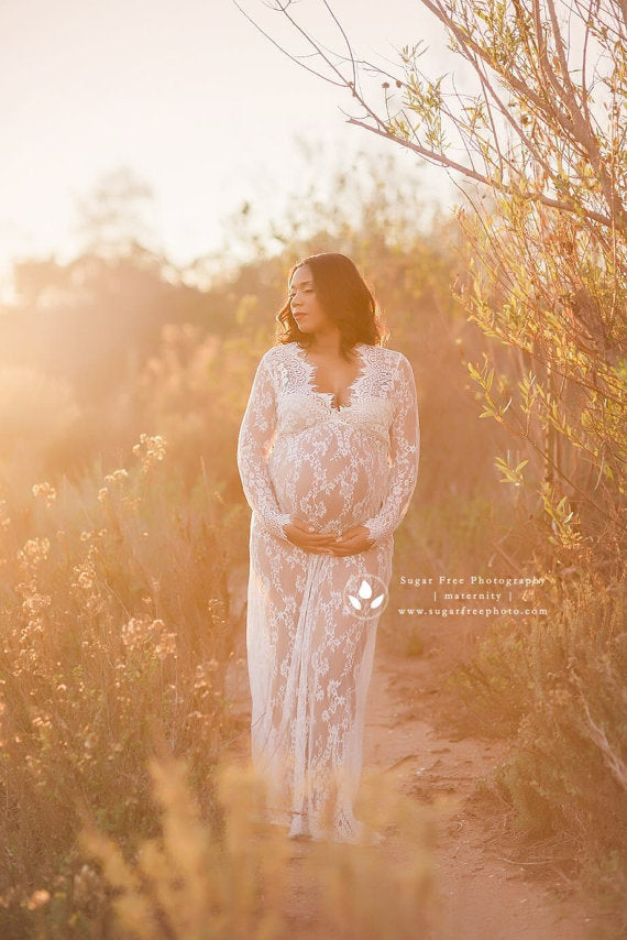 Maternity Deep V-neck Lace Dress for Photoshoot