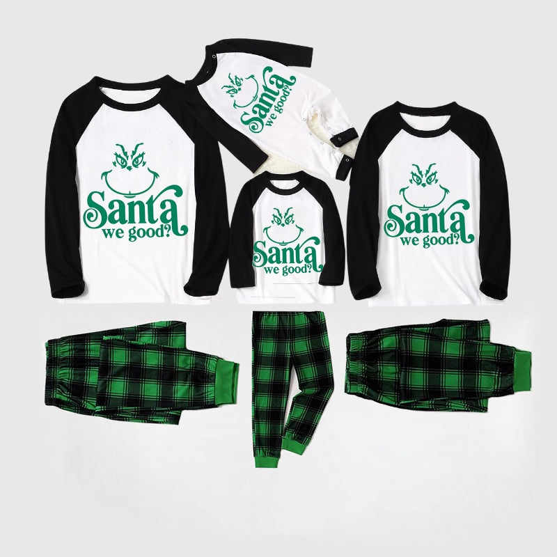 Christmas Cute Cartoon Face and "Santa We Good？" Letter Print Casual Long Sleeve Sweatshirts Black Contrast Top and Black and Gren Plaid Pants Family Matching Pajamas Sets