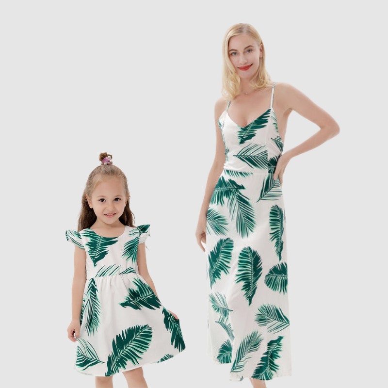 Plant Print Sling Backless Matching Maxi Dresses for Mommy and Me