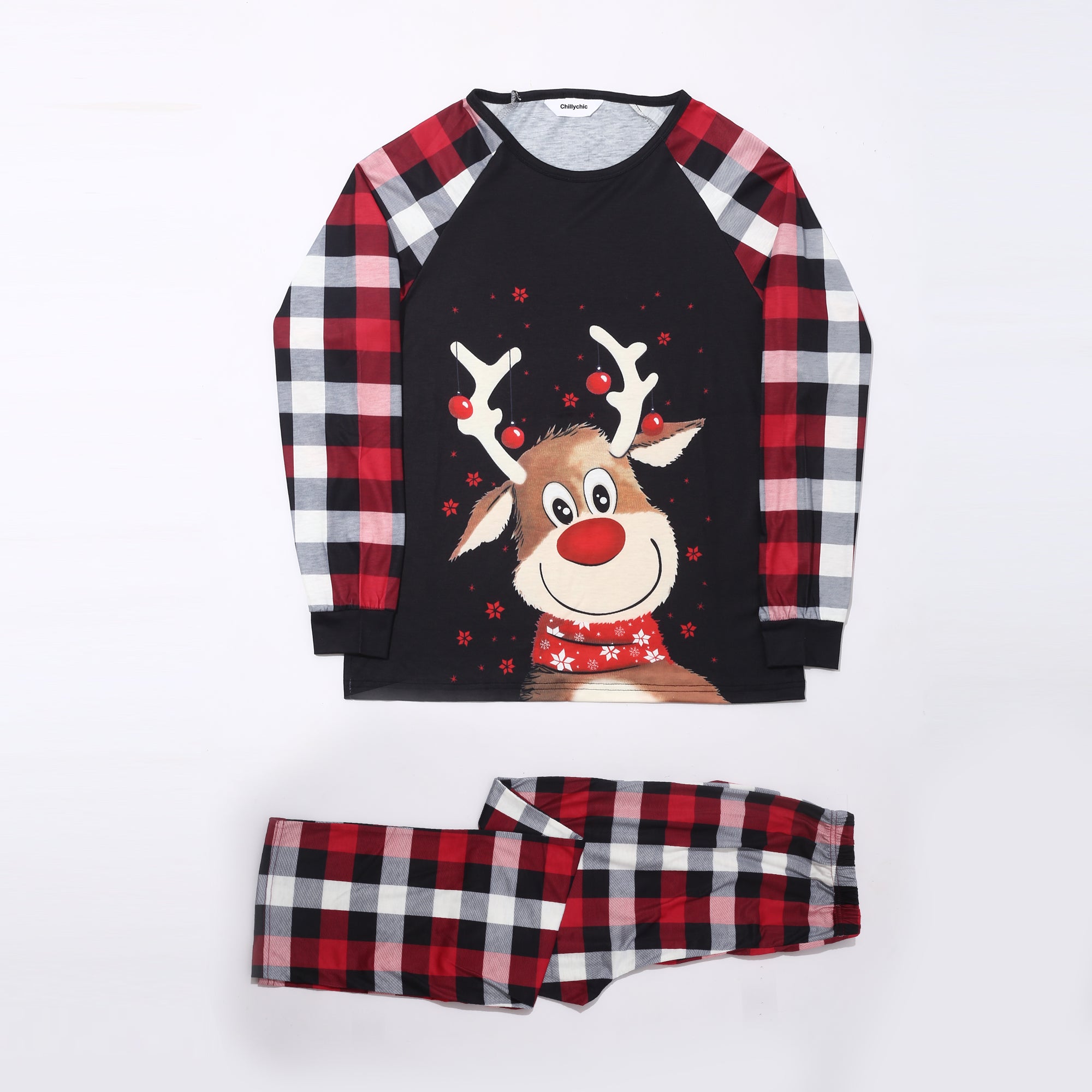 Christmas Deer Print Black Plaid Pajamas Set