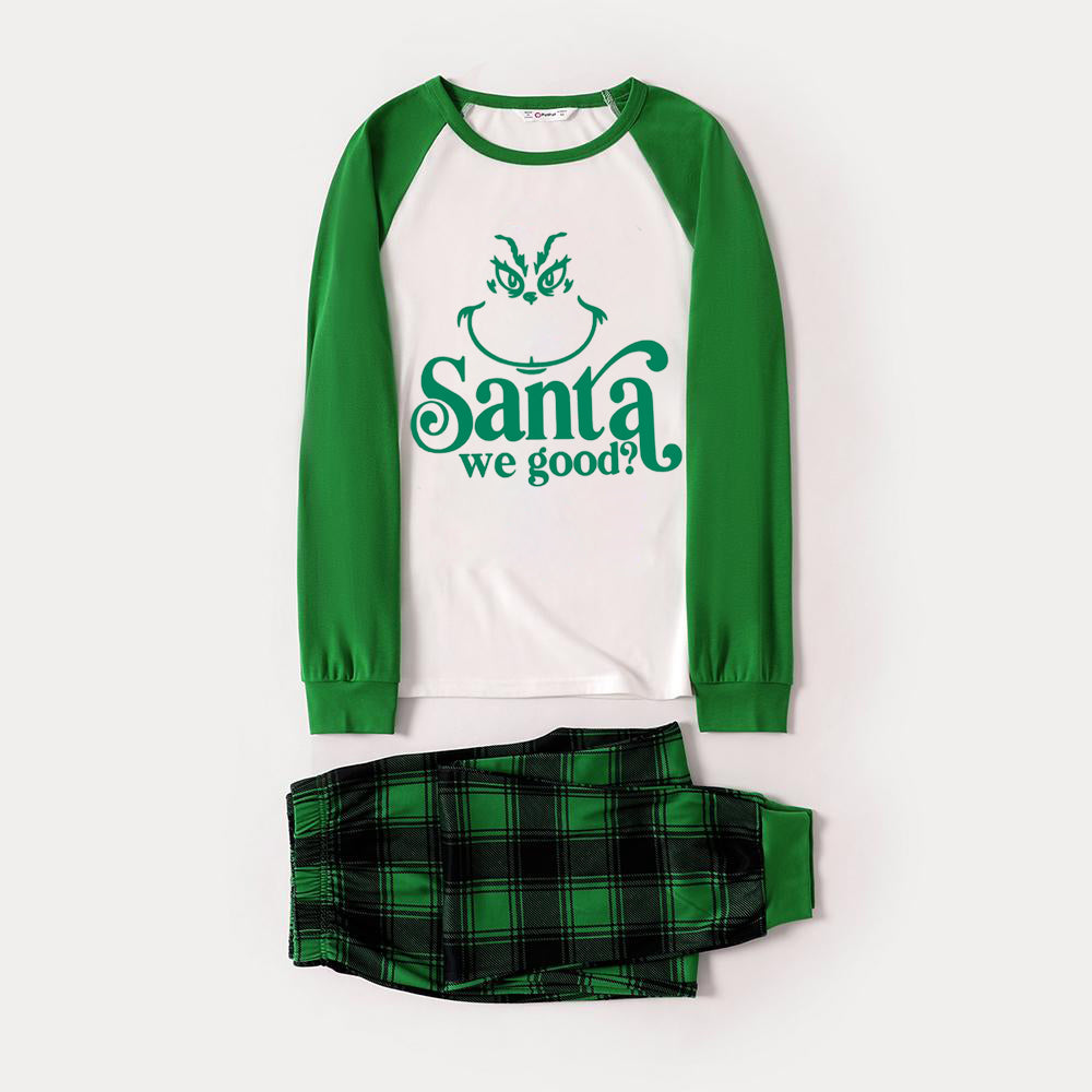 Christmas Cute Cartoon Face and "Santa We Good？" Letter Print Casual Long Sleeve Sweatshirts Green Tops Family Matching Raglan Long-sleeve Pajamas Sets