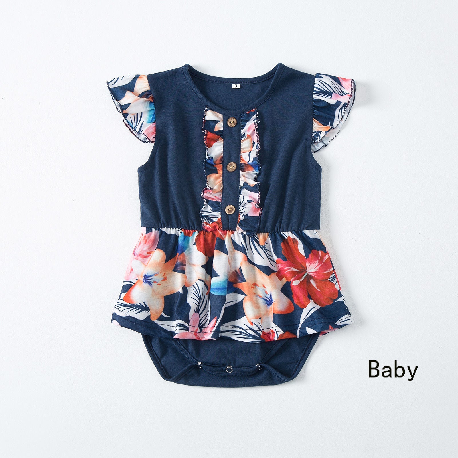 Family Matching Floral Print Splicing Dark Blue Dresses and T-shirts Sets