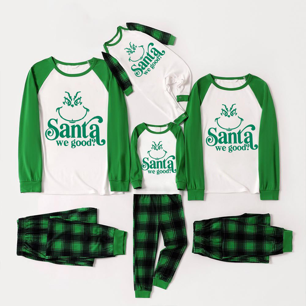 Christmas Cute Cartoon Face and "Santa We Good？" Letter Print Casual Long Sleeve Sweatshirts Green Tops Family Matching Raglan Long-sleeve Pajamas Sets