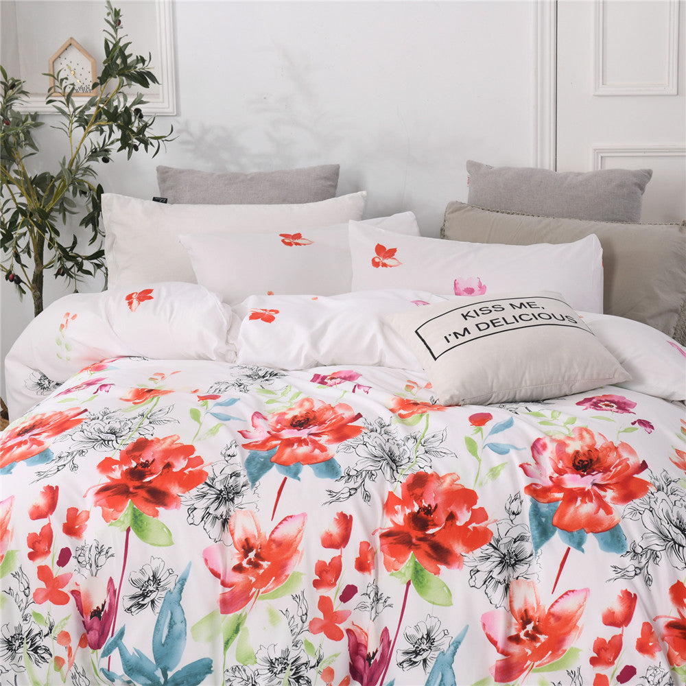 Plaid Floral Print Quilt Cover Pillowcase Three Piece Set 2011