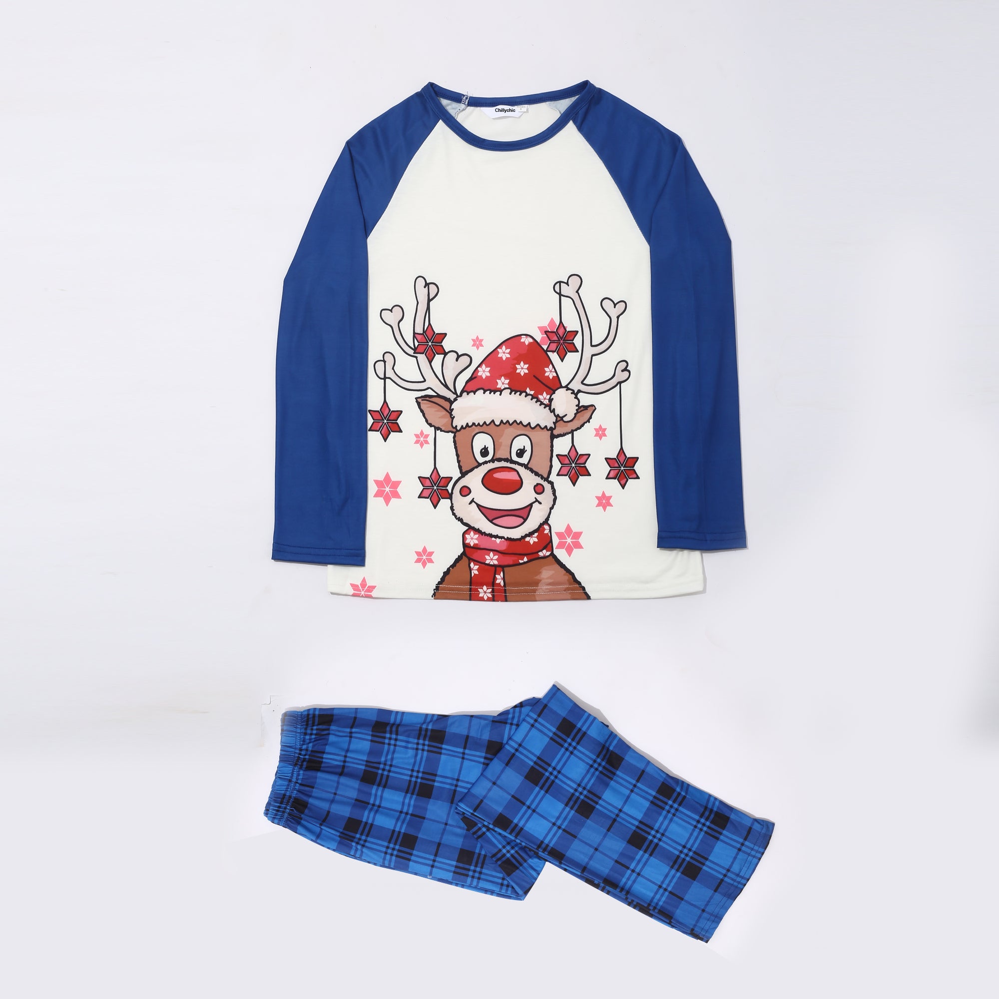 Christmas Deer Print Blue Plaid Pajamas Set