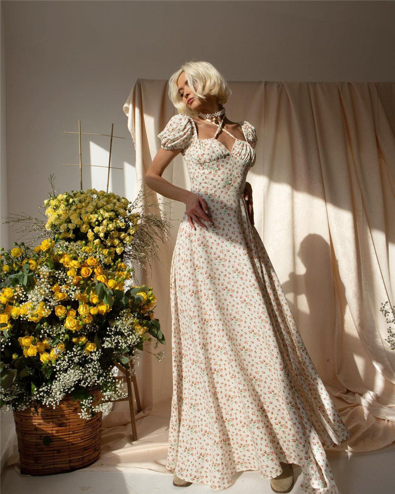 Women Floral Print Puff Sleeve Lace Up High Slit Maxi Dress SUM2434Z