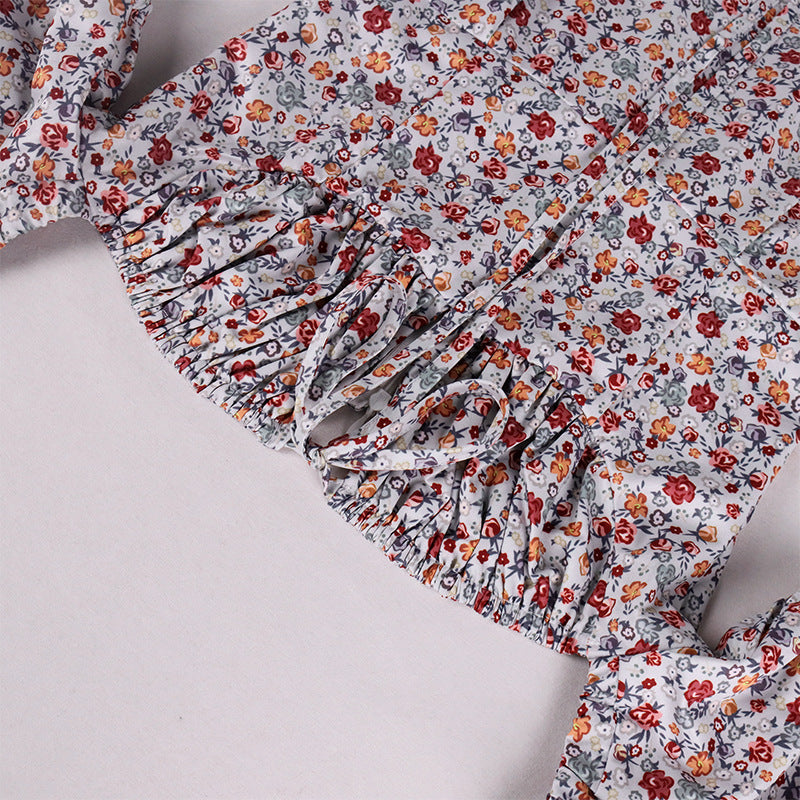 Women Floral Print Puff Sleeve Lace Up High Slit Maxi Dress SUM2434Z