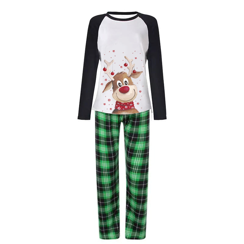 Christmas Cute Deer Print Family Matching Long-sleeve Green Plaid Pajamas Set