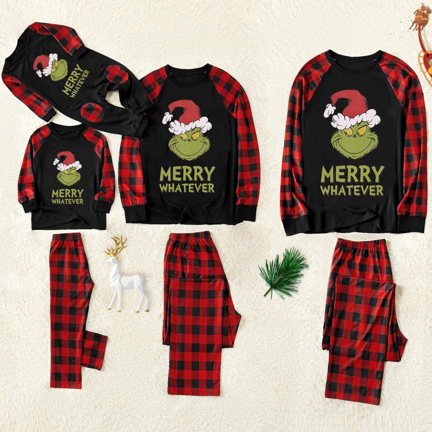 Christmas Cartoon and 'Merry Whatever' Letter Print Contrast Tops Contrast Black top and Black & Red Plaid Pants Family Matching Pajamas Set With Dog Bandana