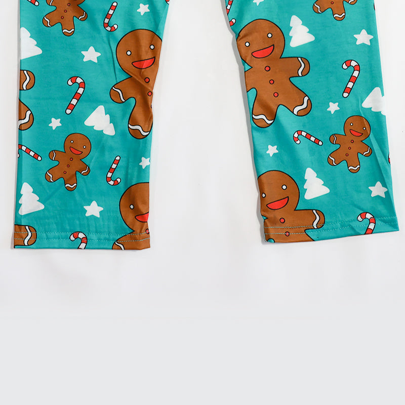 Christmas Pattern Gingerbread Print Blue Pajamas Set